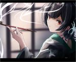  bangs black_hair blurry blurry_background blush closed_mouth commentary depth_of_field doran_(dorannomai) eyebrows_visible_through_hair flower grey_kimono hair_between_eyes hair_flower hair_ornament hand_up head_tilt holding holding_pipe idolmaster idolmaster_shiny_colors japanese_clothes kimono kiseru long_sleeves looking_at_viewer looking_back morino_rinze pipe print_kimono red_eyes sidelocks smoke smoking solo white_flower wide_sleeves 