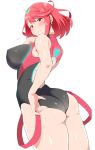  ass black_swimsuit blush breasts closed_mouth commentary_request earrings homura_(xenoblade_2) jewelry large_breasts looking_at_viewer one-piece_swimsuit red_eyes red_hair red_swimsuit shinori short_hair sideboob simple_background smile solo standing swimsuit white_background xenoblade_(series) xenoblade_2 