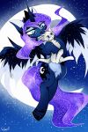  2017 anthro blue_eyes cosmic_hair digital_media_(artwork) dragon duo equine female feral friendship_is_magic hair hooves horn male mammal moon my_little_pony outside paws princess_luna_(mlp) seleeger smile winged_unicorn wings 