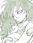  1girl armor baby bare_arms bare_shoulders black_hair carrying child_carry close-up closed_eyes commentary_request dragon_ball expressionless eyelashes fingernails gine greyscale hair_over_one_eye hand_on_another's_head highres hug looking_at_another monochrome mother_and_son short_hair simple_background sleeping smile son_gokuu spiked_hair tail tkgsize upper_body white_background 