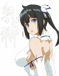  black_hair blue_eyes blue_ribbon breasts cleavage cleavage_cutout commentary_request covered_nipples dress dungeon_ni_deai_wo_motomeru_no_wa_machigatteiru_darou_ka from_side gloves hair_ribbon hashimoto_(frog_flag) hestia_(danmachi) large_breasts long_hair looking_at_viewer open_mouth ribbon short_dress sideboob sleeveless sleeveless_dress translation_request twintails white_dress white_gloves 