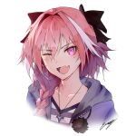  ;d absurdres astolfo_(fate) bangs black_bow black_ribbon bow braid collarbone commentary english_commentary erospanda eyebrows_visible_through_hair fang fate/apocrypha fate_(series) hair_between_eyes hair_bow hair_intakes hair_over_shoulder hair_ribbon head_tilt highres hood hood_down hoodie long_hair looking_at_viewer male_focus multicolored_hair one_eye_closed open_clothes open_hoodie open_mouth otoko_no_ko pink_eyes pink_hair pom_pom_(clothes) portrait purple_hoodie purple_shirt revision ribbon shirt sidelocks signature simple_background single_braid smile solo streaked_hair striped striped_shirt tsurime white_background white_shirt zipper 