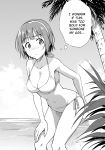  1girl :&lt; beach bikini blush breasts cleavage hairband hard_translated highres idolmaster medium_breasts mole mole_under_mouth monochrome navel otonashi_kotori palm_tree short_hair suzuno_tetsuji swimsuit translated tree 