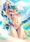  1girl armpits arms_up beach bikini blue_bikini blue_eyes blue_hair breasts cian_yo cleavage cloud day large_breasts league_of_legends long_hair looking_at_viewer navel one_eye_closed open_mouth outdoors sideboob sky smile solo sona_buvelle stomach swimsuit towel twintails very_long_hair 