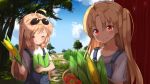  ahoge ame. azur_lane bangs blonde_hair blue_sky blush cleveland_(azur_lane) closed_mouth cloud columbia_(azur_lane) commentary_request corn day eyebrows_visible_through_hair eyewear_on_head food hair_between_eyes head_tilt holding holding_food long_hair looking_at_viewer multiple_girls one_side_up outdoors overalls red_eyes shirt short_sleeves sky smile standing sunglasses tomato tree very_long_hair white_shirt 