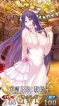  bangs breasts cleavage covered_nipples craft_essence curvy dress earrings eyebrows_visible_through_hair eyeshadow fate/grand_order fate_(series) heroic_spirit_formal_dress hime_cut jewelry large_breasts long_hair looking_at_viewer makeup minamoto_no_raikou_(fate/grand_order) necklace purple_eyes purple_hair skindentation thighhighs very_long_hair white_dress white_legwear xion32 