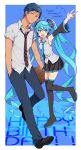  1girl 2018 :d ahoge aomine_daiki basketball black_eyes black_footwear black_legwear black_skirt blue_background blue_eyes blue_hair blue_neckwear boots commentary_request crossover dated detached_sleeves full_body hand_in_pocket happy_birthday hatsune_miku headset highres kuroko_no_basuke long_hair necktie open_mouth pleated_skirt red_neckwear shirt short_hair short_sleeves skirt smile standing standing_on_one_leg striped striped_neckwear thigh_boots thighhighs tooru_(jux) trait_connection twintails v very_long_hair vocaloid white_shirt zettai_ryouiki 