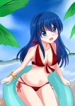  beach bikini blue_eyes blue_hair day fire_emblem fire_emblem:_fuuin_no_tsurugi fire_emblem_heroes holding lilina long_hair looking_at_viewer ocean outdoors palm_tree setoda_(llgo) smile solo swimsuit tree 