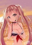  bikini black_bikini blonde_hair blush breasts closed_mouth commentary_request eyebrows_visible_through_hair highres hizaka kantai_collection long_hair looking_at_viewer medium_breasts murasame_(kantai_collection) ocean red_eyes smile solo sunlight sunset swimsuit twintails twitter_username 