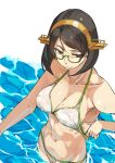  absurdres alternate_costume bare_shoulders bikini bikini_pull black_hair breasts burai_yuuki cleavage from_above glasses green-framed_eyewear headgear highres kantai_collection kirishima_(kantai_collection) large_breasts looking_to_the_side midriff navel partially_submerged pulled_by_self semi-rimless_eyewear short_hair smile swimsuit white_bikini 