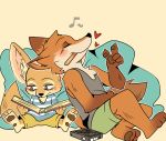  &lt;3 2016 3_toes 4_fingers anthro barefoot black_nose book canine clothed clothing disney duo eyes_closed fennec finnick fox fully_clothed hi_res male mammal musical_note nick_wilde pawpads saku1saya shorts sitting toes zootopia 