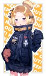  1girl abigail_williams_(fate/grand_order) background_text bangs black_bow black_jacket blonde_hair blue_eyes blush bow caution_tape chestnut_mouth english fate/grand_order fate_(series) hair_bow hair_bun hand_up heroic_spirit_traveling_outfit hoshi_usagi jacket keep_out long_hair long_sleeves looking_at_viewer object_hug orange_bow outline parted_bangs parted_lips polka_dot polka_dot_bow revision sleeves_past_fingers sleeves_past_wrists solo sparkle stuffed_animal stuffed_toy teddy_bear white_outline 