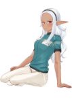  aqua_shirt arm_support black_hairband blush breasts capri_pants dark_elf dark_skin easy_(aqk7bdqt) elf elf-san_wa_yaserarenai. expressionless from_side full_body hairband invisible_chair kuroeda-san long_hair looking_at_viewer medium_breasts mole mole_under_eye name_tag pants pointy_ears red_eyes shirt short_sleeves simple_background sitting solo uniform white_background white_hair yokozuwari 