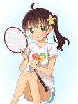  badminton_racket bangs blue_background blue_shorts blush brown_hair closed_mouth eyebrows_visible_through_hair feet_out_of_frame flower gradient gradient_background green_eyes hair_between_eyes hair_flower hair_ornament head_tilt heart long_hair looking_at_viewer niizato_aoi non_non_biyori racket shika_(s1ka) shirt short_shorts short_sleeves shorts side_ponytail sitting smile solo white_background white_shirt yellow_flower 