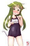 animal_ears artist_logo blue_swimsuit blush cat_ears cat_tail commentary_request cowboy_shot crescent crescent_hair_ornament dated green_eyes green_hair hair_ornament highres kanon_(kurogane_knights) kantai_collection long_hair looking_at_viewer nagatsuki_(kantai_collection) name_tag old_school_swimsuit one-piece_swimsuit paw_pose school_swimsuit simple_background solo swimsuit tail white_background 