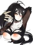  antenna_hair black_hair blush breasts claws colorized commentary english_commentary eyebrows_visible_through_hair fur_collar green_eyes hair_between_eyes hand_behind_head large_breasts long_hair looking_at_viewer monster_girl nipples one_eye_closed original paws ponytail signature simple_background solo terupancake upper_body white_background white_skin 