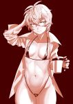  1girl bikini billy_the_kid_(fate/grand_order) blonde_hair breasts cup fate/grand_order fate_(series) female genderswap genderswap_(mtf) kbtmsboy micro_bikini navel red_background short_hair smile solo swimsuit 