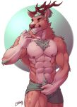  2018 5_fingers abs anthro antlers biceps body_hair brown_fur brown_nose brown_skin bulge cervine chest_hair clothed clothing eyebrows feralise fur gloves_(marking) grey_fur grey_hair grin hair horn inviting legwear male mammal markings mature_male multicolored_fur multicolored_skin muscular muscular_male muscular_thighs neck_tuft nipples silver_eyes simple_background smile socks solo standing teasing teeth topless tuft two_tone_fur two_tone_skin underwear undressing white_fur white_skin 