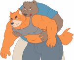  2017 anthro arufina_w bear belly brown_fur canine clothing duo fur gropping male mammal muscular navel overweight overweight_male pants shirt simple_background white_background wolf 