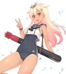  alternate_costume bangs bare_shoulders black_ribbon blonde_hair blush breasts collarbone commentary_request cosplay covered_navel cowboy_shot crop_top dan_(kumadan) dated eyebrows_visible_through_hair gradient_hair hair_between_eyes hair_ornament hair_ribbon heart highres japanese_flag kantai_collection long_hair looking_at_viewer multicolored_hair one-piece_swimsuit one-piece_tan open_mouth pink_lips red_eyes remodel_(kantai_collection) ribbon ro-500_(kantai_collection) ro-500_(kantai_collection)_(cosplay) sailor_collar school_swimsuit school_uniform serafuku shiny shiny_hair shirt signature sleeveless sleeveless_shirt small_breasts solo splashing spoken_heart swimsuit swimsuit_under_clothes tan tanline thighs torpedo v water white_background yuudachi_(kantai_collection) 