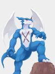  2018 3_toes anthro chest_markings claws countershade_torso countershading digimon exveemon featureless_crotch grey_markings lower male markings membranous_wings muscular muscular_male simple_background solo standing toes white_countershading wings 