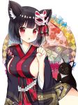  :o animal animal_ears azur_lane bangs black_cat black_hair black_kimono blush breasts cat cat_ears cat_mask commentary_request eyebrows_visible_through_hair fang fingernails hand_up highres japanese_clothes kimono large_breasts long_sleeves looking_at_viewer mask mask_on_head nail_polish parted_lips pink_nails red_eyes revision ryoutan short_hair sideboob solo wide_sleeves yamashiro_(azur_lane) 