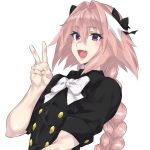  :d absurdres astolfo_(fate) black_bow black_ribbon blush bow braid fang fate/apocrypha fate/grand_order fate_(series) hair_intakes hair_ribbon highres long_braid long_hair looking_at_viewer male_focus mizuumi_(bb) multicolored_hair open_mouth otoko_no_ko pink_hair purple_eyes ribbon single_braid smile solo streaked_hair upper_body v 