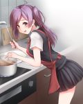  ahoge apron black_skirt black_vest blouse commentary_request cooking curry cutting_board food hagikaze_(kantai_collection) highres kantai_collection kitchen ladle long_hair nuka_(nvkka) one_side_up open_mouth pleated_skirt pot purple_hair skirt smile solo vest white_blouse 