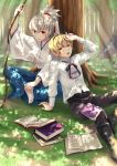  animal blonde_hair book bow_(weapon) child european_clothes fire_emblem fire_emblem_if grass holding holding_bow_(weapon) holding_weapon horse japanese_clothes leon_(fire_emblem_if) multiple_boys orange_eyes outdoors parune_chigetsu ponytail sitting smile socks takumi_(fire_emblem_if) tree weapon white_hair 