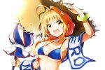  :d absurdres ahoge arm_up bangs bare_shoulders beach_umbrella bikini blonde_hair blue_bikini blush braid breasts cleavage collarbone commentary_request cosplay eyebrows_visible_through_hair fate/grand_order fate_(series) hair_between_eyes hair_intakes hat head_tilt highres holding holding_umbrella long_hair looking_at_viewer medium_breasts nanakusa_amane navel nero_claudius_(fate) nero_claudius_(fate)_(all) open_mouth round_teeth saliva simple_background single_braid smile solo straw_hat swimsuit tamamo_(fate)_(all) tamamo_no_mae_(swimsuit_lancer)_(fate) tamamo_no_mae_(swimsuit_lancer)_(fate)_(cosplay) teeth umbrella upper_body upper_teeth v-shaped_eyebrows white_background 
