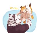  2018 anthro barefoot clothed clothing duo eyes_closed fangs feline fur lower male mammal open_mouth pink_nose striped_fur striped_tail stripes tiger toes white_tiger 