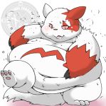  2018 ambiguous_gender anthro belly big_belly big_cheeks blush chubby_cheeks claws digital_drawing_(artwork) digital_media_(artwork) fur hamatnk holding_belly mammal navel nintendo nude obese overweight pawpads pink_nose pink_sclera pok&eacute;mon pok&eacute;mon_(species) simple_background solo sweat video_games white_background white_fur zangoose 