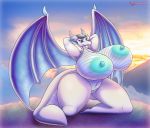  2018 absurd_res anthro areola bds_charmeleon belly big_areolas big_breasts big_eyes breasts cute cute_eyes cute_smile digital_media_(artwork) dragon eyelashes female hi_res huge_breasts nipples nude on_her_knees overweight slightly_chubby smile solo sunset_setting thick_thighs tulina voluptuous watermark wide_hips 
