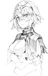  blush breasts capelet closed_mouth eyebrows_visible_through_hair fate/grand_order fate_(series) greyscale hair_between_eyes headpiece jeanne_d'arc_(alter)_(fate) jeanne_d'arc_(fate)_(all) large_breasts looking_at_viewer monochrome short_hair simple_background sketch solo tuxedo_de_cat upper_body white_background 