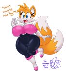  2018 acstlu anthro big_breasts blue_eyes breasts camel_toe canine clothed clothing cosplay crossgender dialogue dipstick_tail english_text eyelashes fangs female fox hi_res mammal miles_prower multi_tail multicolored_tail nipple_bulge open_mouth rouge_the_bat short_stack simple_background sonic_(series) sonic_the_hedgehog text voluptuous white_background wide_hips 