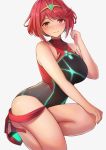  alternate_costume bangs bare_legs bare_shoulders blush breasts casual_one-piece_swimsuit collarbone commentary_request covered_navel earrings eyebrows_visible_through_hair fou_zi from_side high_heels highres homura_(xenoblade_2) jewelry kneeling large_breasts looking_at_viewer one-piece_swimsuit red_eyes red_hair red_shorts short_hair shorts sidelocks simple_background solo swept_bangs swimsuit thighs tiara xenoblade_(series) xenoblade_2 