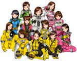  6+girls ahim_de_famille amu_(doubutsu_sentai_zyuohger) amy_yuzuki arm_up black_hair blue_clothes blue_eyes blush bodysuit boots breasts brown_eyes brown_hair cameltoe choudenshi_bioman closed_mouth denshi_sentai_denziman doubutsu_sentai_zyuohger drill_hair earrings engine_sentai_go-onger full_body gloves groin hammy hanaori_kotoha hands_on_own_chest helmet highres hikaru_(bioman) jewelry kaizoku_sentai_gokaiger large_breasts legs long_hair looking_at_viewer mahou_sentai_magiranger matching_hair/eyes medium_breasts mio_(ressha_sentai_toqger) momoi_akira multiple_girls ozu_urara parted_lips pink_clothes ponytail red_eyes reimon_marika ressha_sentai_toqger rouyama_saki sakuradou samurai_sentai_shinkenger scarf short_hair simple_background sitting small_breasts smile spread_legs super_sentai thighs tokumei_sentai_go-busters tokusou_sentai_dekaranger twin_drills uchu_sentai_kyuranger usami_youko white_background white_clothes yellow_clothes yellow_eyes zyuden_sentai_kyoryuger 