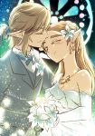  1girl blonde_hair blush bouquet breasts couple dress flower formal happy hetero jewelry kaidou_mitsuki link pointy_ears princess_zelda smile suit the_legend_of_zelda the_legend_of_zelda:_breath_of_the_wild tuxedo wedding wedding_dress 