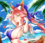  animal_ear_fluff animal_ears armpits arms_up bangs bare_shoulders beach bikini blue_bikini blue_bow blue_sky blurry blurry_foreground bow breasts brown_eyes cloud collarbone commentary_request day depth_of_field dutch_angle eyebrows_visible_through_hair fate/grand_order fate_(series) flower fox_ears fox_girl fox_tail hair_between_eyes hair_bow hair_flower hair_ornament large_breasts long_hair melings_(aot2846) o-ring o-ring_top ocean outdoors palm_tree parted_lips petals pink_hair red_flower revision sand see-through sky smile solo swimsuit tail tamamo_(fate)_(all) tamamo_no_mae_(swimsuit_lancer)_(fate) tree twintails v-shaped_eyebrows water 