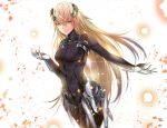  beatless blonde_hair breasts fhilippedu floating_hair formal hair_between_eyes highres long_hair looking_at_viewer medium_breasts methode outstretched_arm parted_lips smile solo suit very_long_hair white_background yellow_eyes 