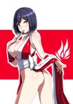  ass blue_hair blush breasts cleavage commentary_request cosplay fan fatal_fury highres holding holding_fan kaname_nagi large_breasts nijisanji outline revealing_clothes shiranui_mai shiranui_mai_(cosplay) shizuka_rin short_hair smile solo the_king_of_fighters virtual_youtuber white_outline wrist_cuffs yellow_eyes 