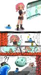  &gt;_&lt; 1girl anger_vein asymmetrical_clothes black_hat blush comic commentary_request conductor_namako dark_skin enutsuu gameplay_mechanics hat highres holding holding_whistle ink midriff octarian octoling open_mouth sea_cucumber splatoon_(series) splatoon_2 splatoon_2:_octo_expansion squidbeak_splatoon tearing_up tentacle_hair throwing translation_request trembling whistle yellow_eyes 