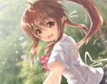  :d ahoge bell brown_hair dress_shirt grey_skirt hair_bell hair_ornament hinata_nonoka little_busters! long_hair natsume_rin open_mouth plaid plaid_skirt pleated_skirt ponytail red_eyes school_uniform shirt skirt smile solo upper_body 