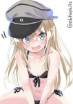  :d alternate_costume bare_shoulders bikini bismarck_(kantai_collection) black_bikini blonde_hair blue_eyes breasts child cleavage collarbone commentary ebifurya eyebrows_visible_through_hair front-tie_top hair_between_eyes hat highres kantai_collection long_hair looking_at_viewer navel open_mouth peaked_cap shiny shiny_skin side-tie_bikini sidelocks smile solo stomach swimsuit thighs twitter_username v_arms white_background younger 