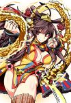  arms_up bangs big_hair braid breasts brown_hair china_dress chinese_clothes cleavage clenched_hands commentary_request cowboy_shot dragon dress eastern_dragon eyebrows_visible_through_hair fighting_stance floating_hair forbidden_city_(oshiro_project) hair_between_eyes hair_ornament jewelry large_breasts long_hair momohara_rile oshiro_project oshiro_project_re red_eyes shiny shiny_skin side_braid simple_background solo standing thighs twin_braids twitter_username v-shaped_eyebrows very_long_hair 