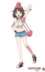  adapted_costume alternate_breast_size alternate_eye_color anime_coloring arm_up armpits bag bangs beanie brown_hair copyright_name green_eyes hair_flaps halterneck hand_on_hip handbag hat heart looking_at_viewer midriff mizuki_(pokemon) navel open_mouth pokemon pokemon_(game) pokemon_sm pose racora_(tamomo0263) red_hat shirt shoes short_hair short_shorts shorts simple_background smile sneakers solo standing standing_on_one_leg swept_bangs tied_shirt white_background z-ring 