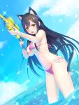  absurdres animal_ears bikini blue_hair breasts cat_ears cat_tail day dutch_angle flower hair_flower hair_ornament highres kashiwamochi_yomogi large_breasts long_hair looking_at_viewer nijisanji ocean older open_mouth shizuka_rin side-tie_bikini sky smile sparkle swimsuit tail virtual_youtuber water water_gun yellow_eyes 