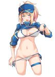  artoria_pendragon_(all) ass_visible_through_thighs baseball_cap bikini bikini_pull blonde_hair blue_eyes blue_hat breasts commentary_request fate/grand_order fate_(series) hair_through_headwear hat kikunosukemaru looking_at_viewer medium_breasts mysterious_heroine_xx_(foreigner) navel ponytail shrug_(clothing) side-tie_bikini swimsuit white_bikini 