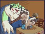  3_toes anthro barefoot beverage black_nose clothed clothing digimon feet foot_focus gargomon long_ears male paws sean_blackthorne sitting solo toes topless 