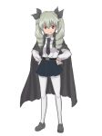  1girl anchovy anzio_school_uniform artist_request black_cape cape closed_mouth drill_hair female full_body girls_und_panzer green_hair hair_ribbon long_hair long_sleeves looking_at_viewer miniskirt red_eyes ribbon school_uniform shirt shoes simple_background skirt smile solo standing twin_drills twintails white_background white_legwear white_shirt 
